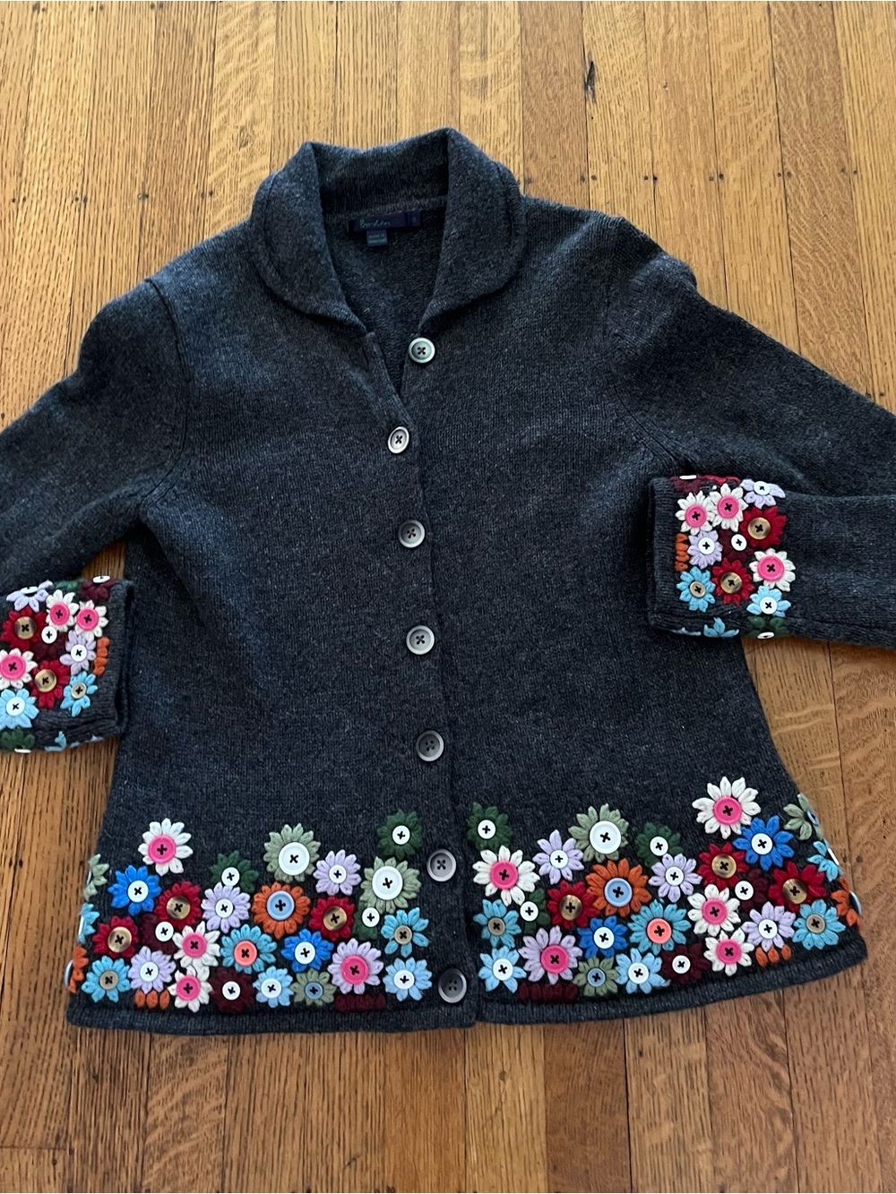 Boden Vintage Boiled Wool Cardigan with Colorful Floral Appliqué